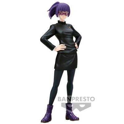 Figura colecionável de personagem com cabelo e óculos roxos, vestido e meias pretas, botas roxas