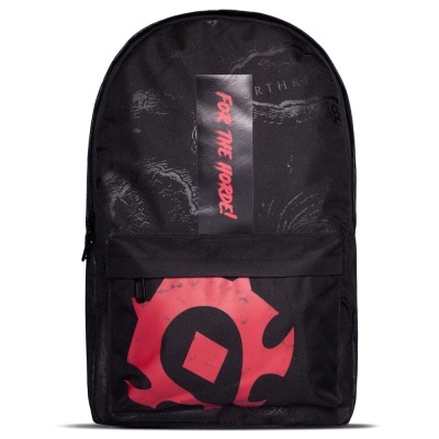 mochila preta com símbolo da Horda e texto FOR THE HORDE em vermelho