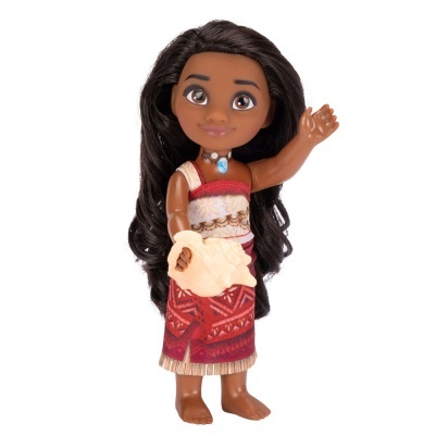 Boneca Moana com saia vermelha e cabelo longo preto