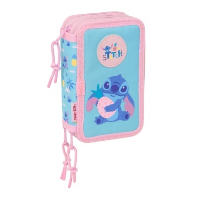 Estojo escolar azul e rosa com personagem Stitch e detalhes cor de rosa