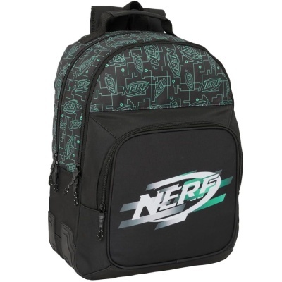 Mochila preta e verde com logotipo NERF e múltiplos compartimentos