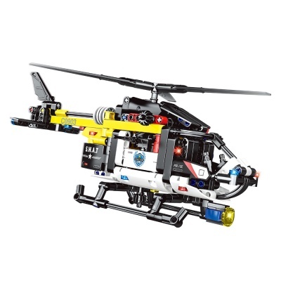 Modelo de helicóptero S.W.A.T de brinquedo em plástico com cores preto, branco e amarelo