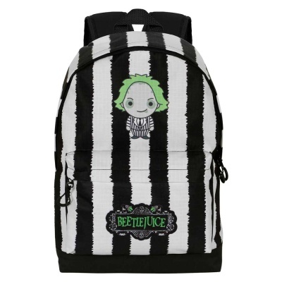 Mochila preta e branca às riscas com personagem e texto Beetlejuice