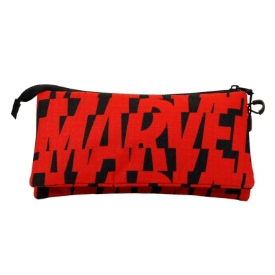 Estojo vermelho com texto preto MARVEL e fecho azul escuro