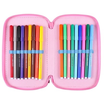 Estojo cor-de-rosa com 16 marcadores coloridos organizados dentro