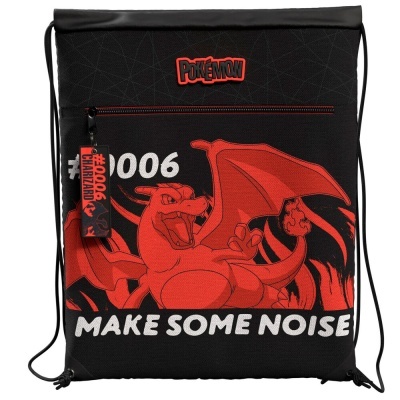 Saco mochila Pokémon Charizard preto com estampa vermelha e branca