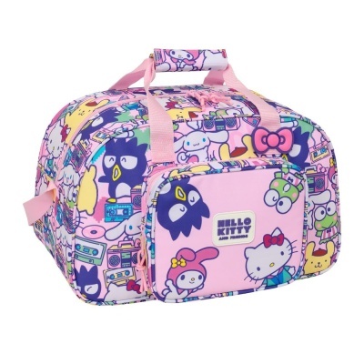 Mala de viagem rosa com estampa de personagens Hello Kitty e amigos