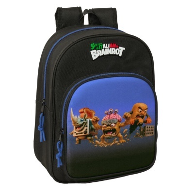 Mochila infantil preta e azul com personagens animados e texto impresso