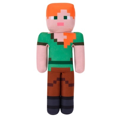 Boneco pelúcia personagem videojogo pixelado com cabelo laranja e roupa verde e castanha