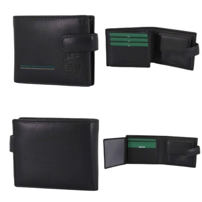 Carteira preta de pele com fecho e vários compartimentos