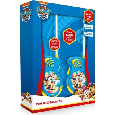 Walkie-talkies Paw Patrol azuis e amarelos na embalagem