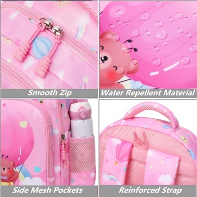 Mochila infantil rosa com ursos e balões, fecho de correr rosa, bolsos de malha e alças reforçadas