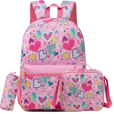 Conjunto mochila, lancheira e estojo rosa com corações coloridos e palavra LOVE