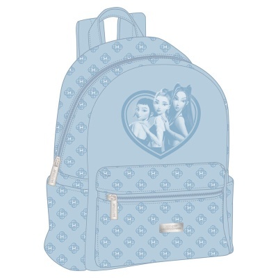 Mochila azul clara com padrão e imagem de três personagens femininas