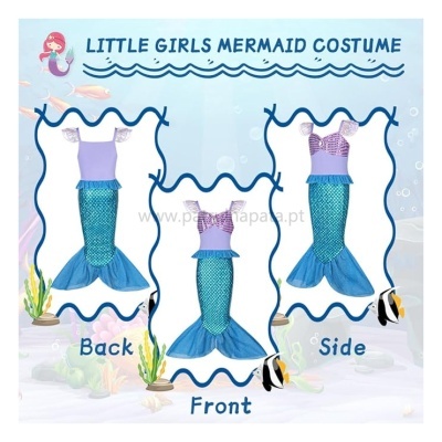 Fato de sereia para meninas pequenas com cauda azul e parte superior lilás visto de costas, frente e lado.