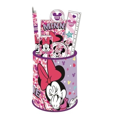 Conjunto de material de escritório da Minnie em estojo cilíndrico rosa e roxo