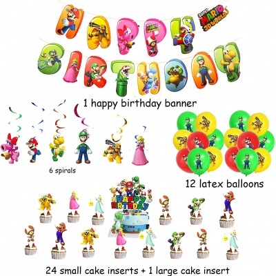 Decoração de aniversário Super Mario com faixa, espirais, balões e inserções para bolo