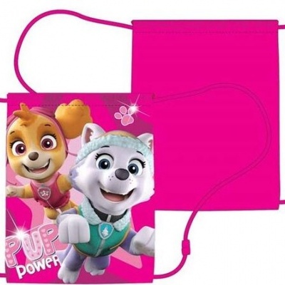 Máscara facial rosa com personagens Skye e Everest e texto 'PUP Power'