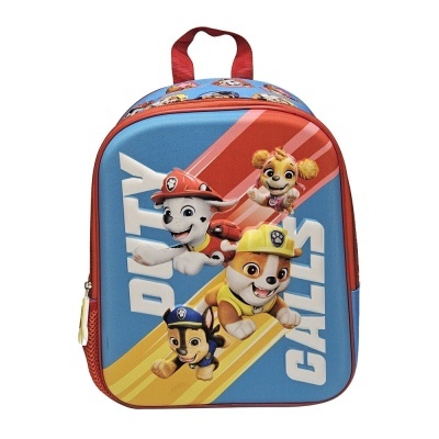 Mochila infantil azul com personagens da Patrulha Pata e alça vermelha
