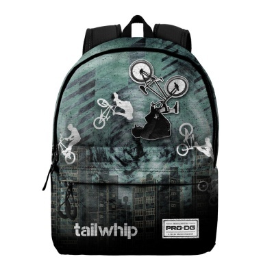 Mochila preta e verde com imagens de ciclistas e texto tailwhip