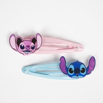 Dois ganchos de cabelo coloridos com personagens Angel e Stitch