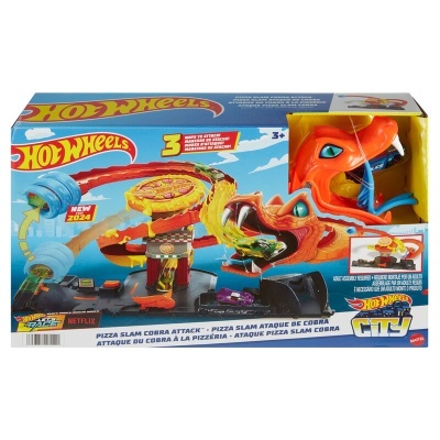 Conjunto Hot Wheels Pizza Slam Cobra Attack em embalagem colorida