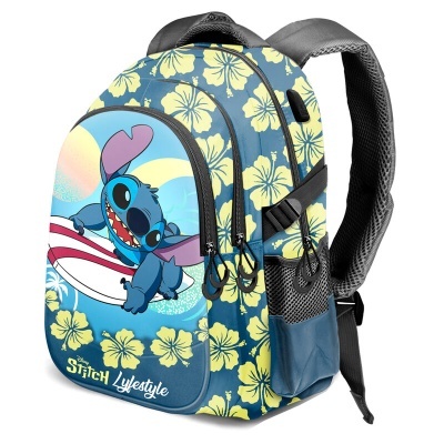 Mochila azul com flores amarelas e personagem Stitch a surfar, texto Stitch Lifestyle