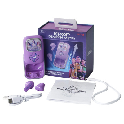 Earphones wireless lilás Kpop Demon Hunters com estojo, cabo USB e manual