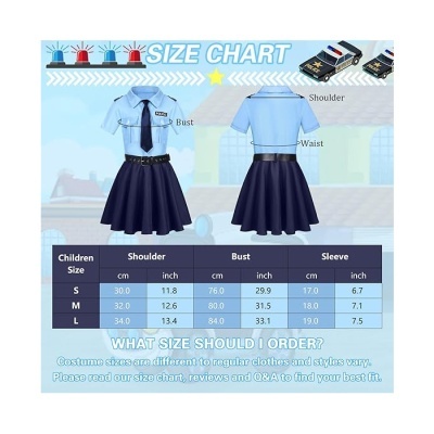 Tabela de tamanhos de fato de polícia infantil com medidas para ombro, peito e manga.