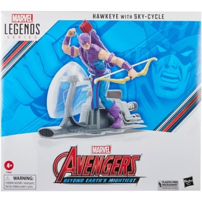 Embalagem do brinquedo Marvel Legends Series Hawkeye com Sky-Cycle em várias cores