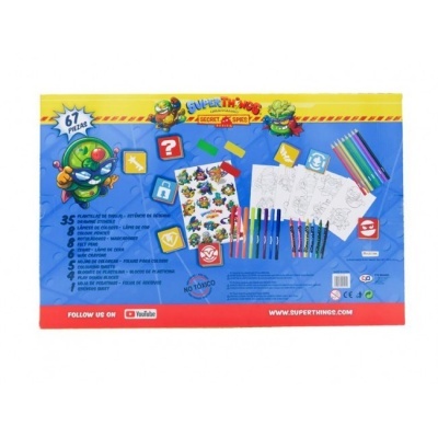 Conjunto de atividades criativas com lápis de cor, canetas e desenhos para colorir