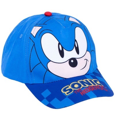 Boné azul com estampa do personagem Sonic e texto SONIC THE HEDGEHOG na aba