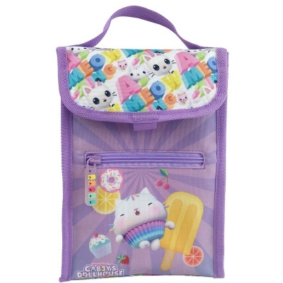 Mochila infantil lilás com desenhos de gatos e sorvetes em tecido colorido