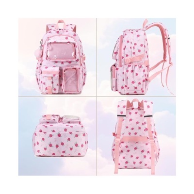 Mochila rosa com estampa de morangos vista de vários ângulos