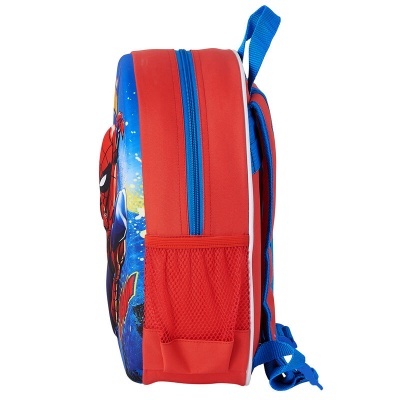 Mochila infantil Homem-Aranha vermelha e azul vista de lado