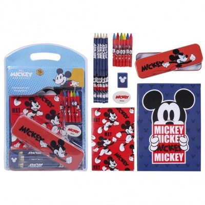 Conjunto escolar Disney Mickey Mouse com estojo, cadernos, lápis, borracha e giz de cera embalados em transporte azul plástico