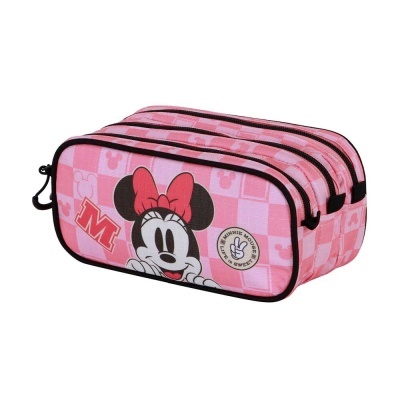 Estojo escolar rosa com estampa da Minnie Mouse e três compartimentos com fecho de correr