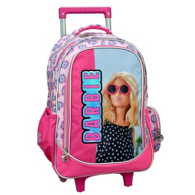 Mochila rosa Barbie com rodas e imagem de boneca loira de óculos de sol