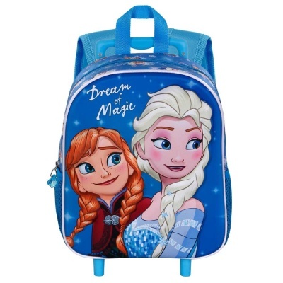 Mochila infantil azul com personagens Frozen e texto Dream of Magic