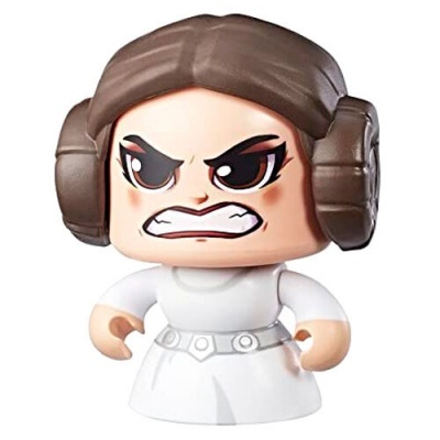 Figura de vinil feminina com vestido branco e cabelo castanho em rolos, expressão zangada.