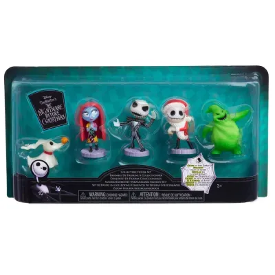 Conjunto de cinco figuras colecionáveis de The Nightmare Before Christmas em embalagem blister verde