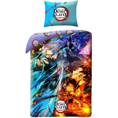 Jogo de cama Demon Slayer colorido com personagens anime e texto