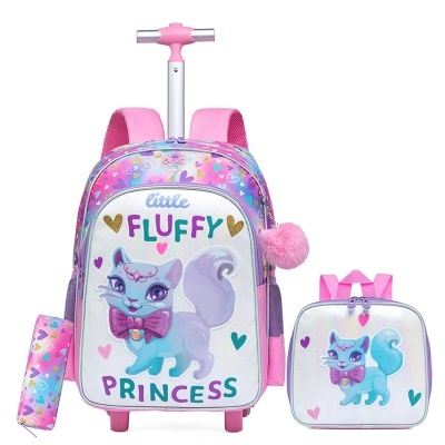 Mochila de rodas cor-de-rosa com estojo e bolsa térmica com desenho de gato e texto