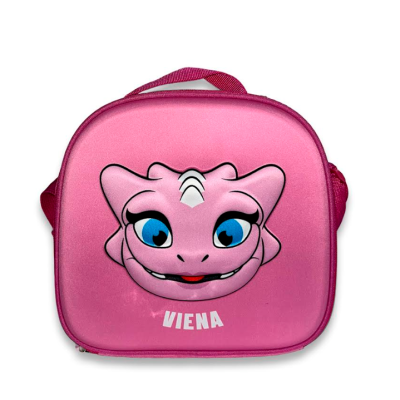 Mala pequena rosa com rosto de dinossauro e texto VIENA