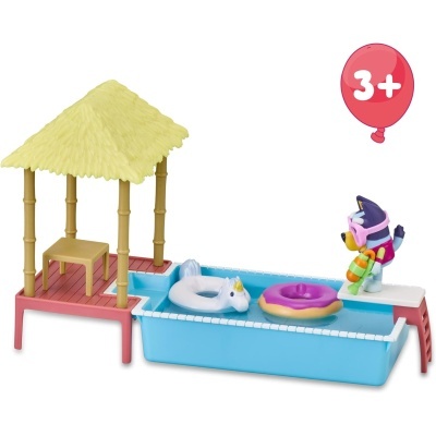 Brinquedo conjunto piscina com palhota, boias e figura de pinguim colorido