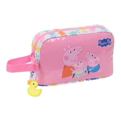 Bolsa rosa Peppa Pig com personagens, alça rosa e pendente amarelo pita