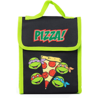Mala térmica preta com alça verde, texto PIZZA! e tartarugas ninja com pizza.