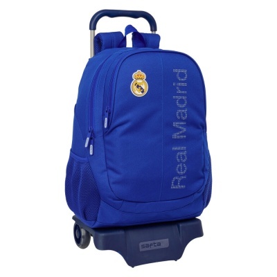 Mochila azul com carrinho e logotipo do Real Madrid