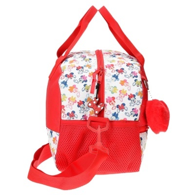 Mala desportiva branca com padrão colorido e detalhes vermelhos