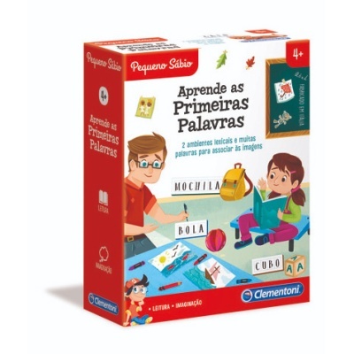 Caixa de jogo educativo Pequeno Sábio 'Aprende as Primeiras Palavras' com ilustração de crianças e palavras